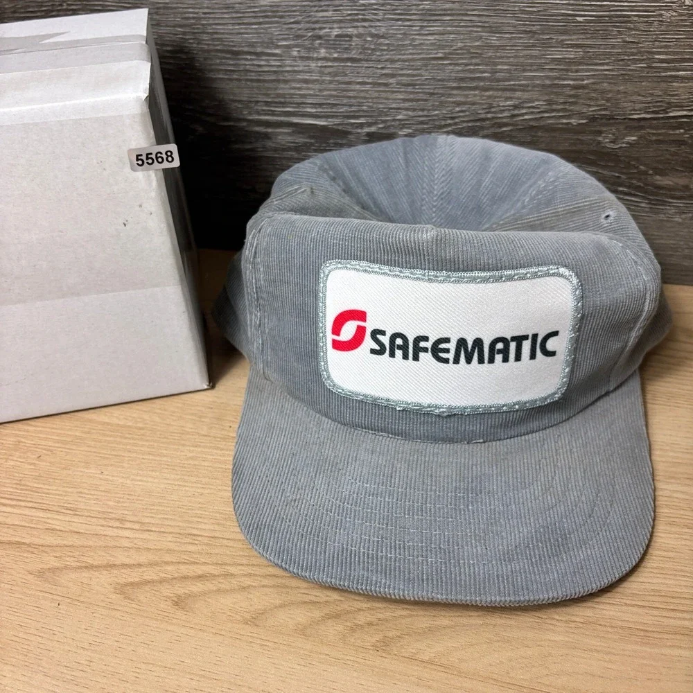 Vintage Safmatic Hat Cap Snap Back Gray Corduroy Patch Logo Adjustable